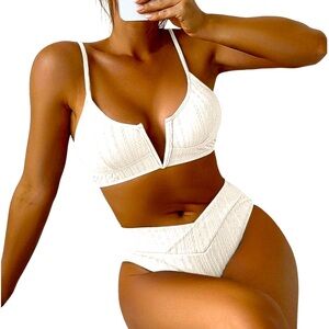 Marguller Women Bikini Suit 2024 Summer Solid V-Wire Ribbed Textured High cut.